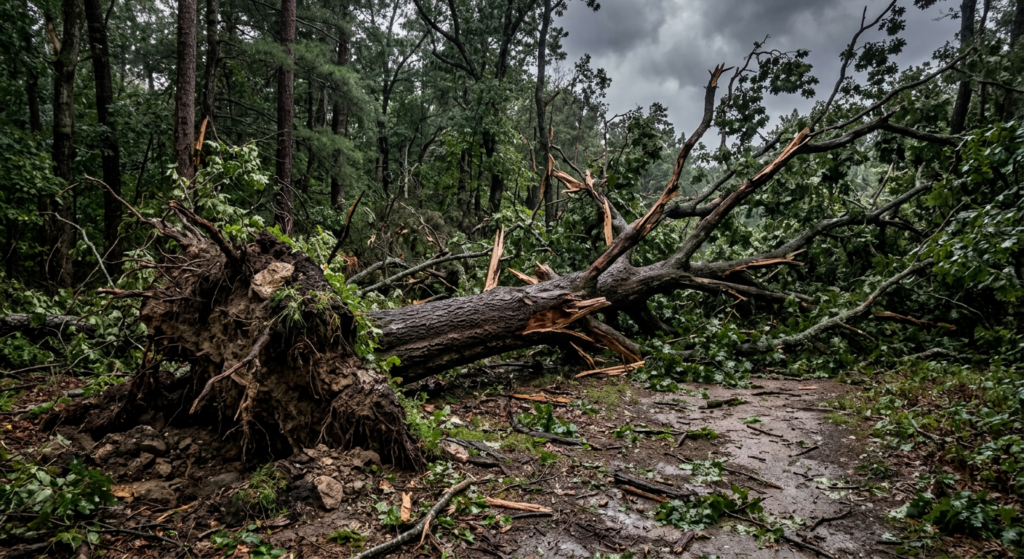 Downed tree and storm damage in Michigan forest after severe weather.